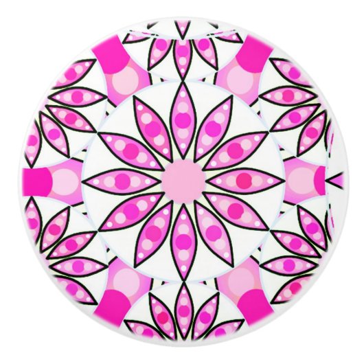 Mandala patroon, hete roze, zwart-wit keramische knop (Voorkant)