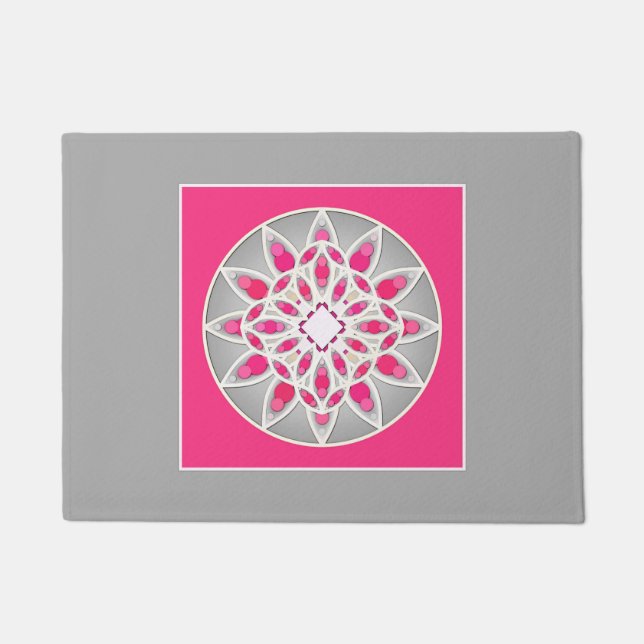 Mandala patroon in fuchsia roze, wit en grijs deurmat (Voorkant)