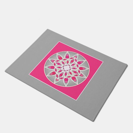 Mandala patroon in fuchsia roze, wit en grijs deurmat (Schuin)