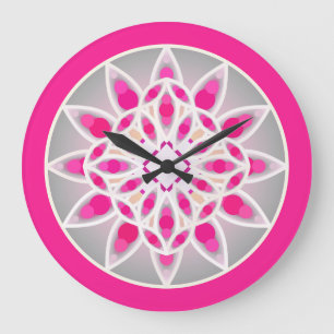 Mandala patroon in fuchsia roze, wit en grijs grote klok