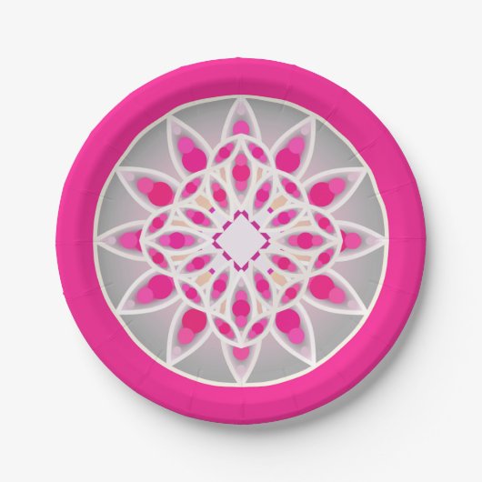 Mandala patroon in fuchsia roze, wit en grijs papieren bordje (Voorkant)