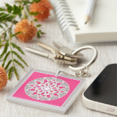 Mandala patroon in fuchsia roze, wit en grijs sleutelhanger (Voorkant Rechts)