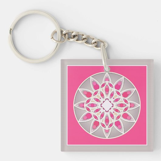 Mandala patroon in fuchsia roze, wit en grijs sleutelhanger (Voorkant)