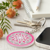 Mandala patroon in fuchsia roze, wit en grijs sleutelhanger (Voorkant Rechts)