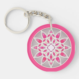 Mandala patroon in fuchsia roze, wit en grijs sleutelhanger