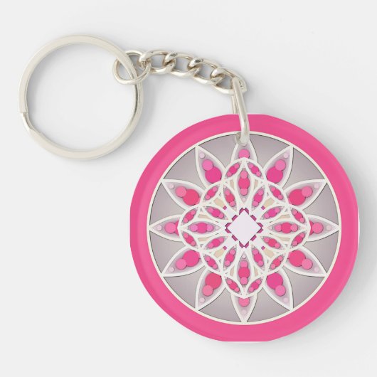 Mandala patroon in fuchsia roze, wit en grijs sleutelhanger (Voorkant)