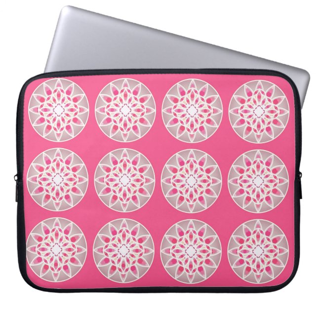Mandala patroon in heet roze, wit en grijs laptop sleeve (Voorkant)