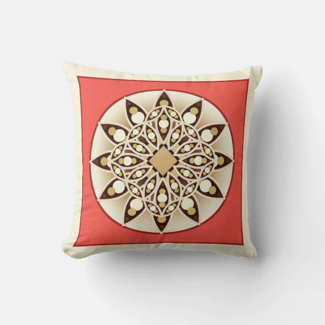 Mandala patroon in koraalroze, chocolade en tan kussen (Voorkant)