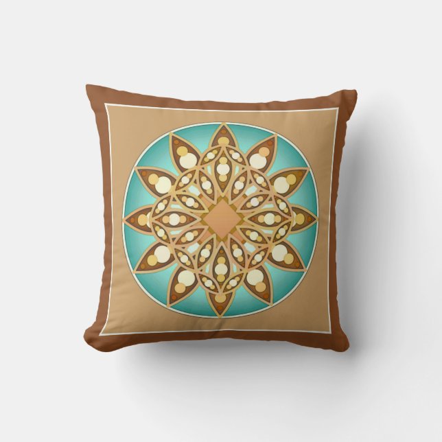 Mandala patroon in tan, crème en turquoise kussen (Voorkant)