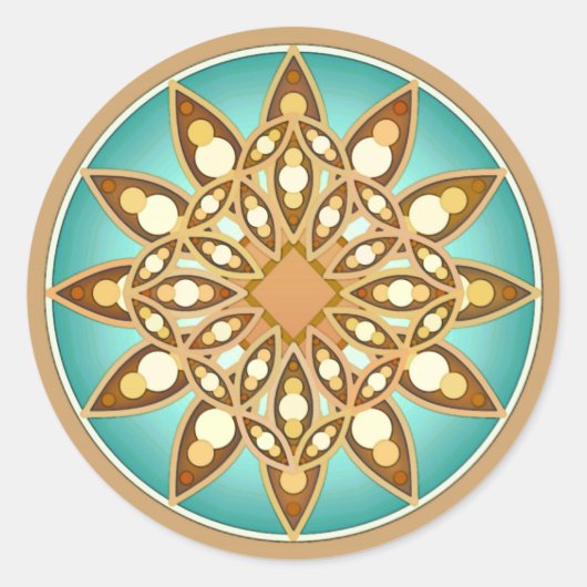 Mandala patroon in tan, crème en turquoise ronde sticker (Voorkant)