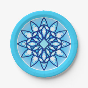 Mandala patroon in turquoise, kobalt en wit papieren bordje