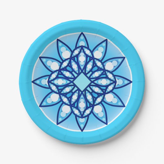 Mandala patroon in turquoise, kobalt en wit papieren bordje (Voorkant)