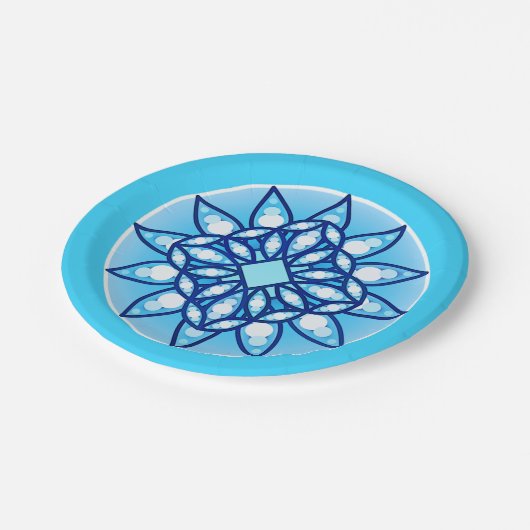 Mandala patroon in turquoise, kobalt en wit papieren bordje (Gekanteld)