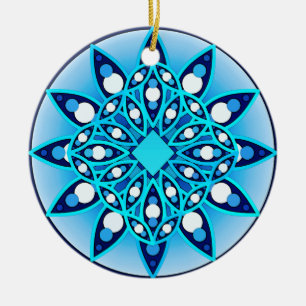 Mandala patroon in turquoise, kobalt & white keramisch ornament