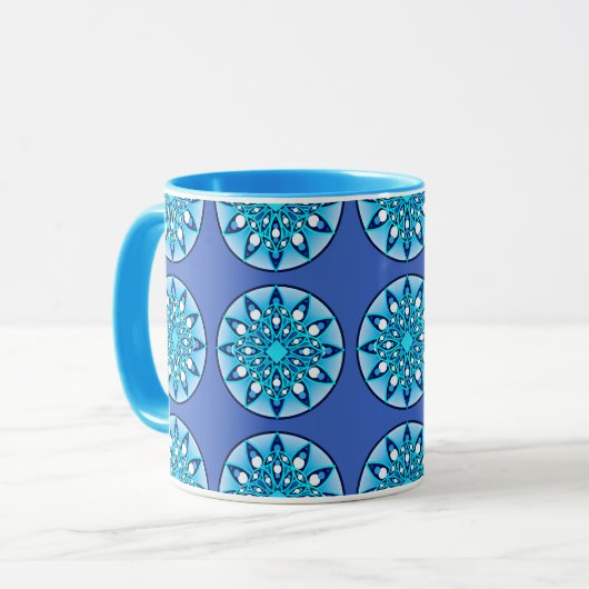 Mandala patroon in turquoise, kobalt & white mok (Voorkant links)