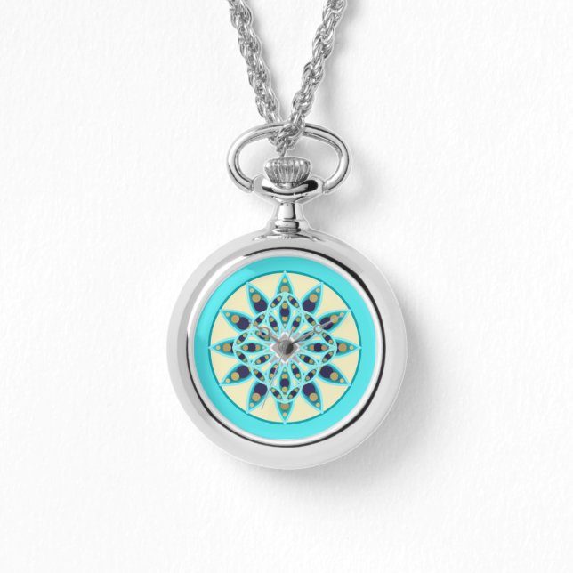 Mandala patroon in turquoise, tan en marine horloge (Voorkant)