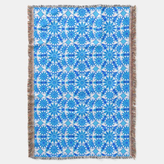 Mandala patroon, kobalt blauw, turquoise en wit deken (Voorkant Verticaal)