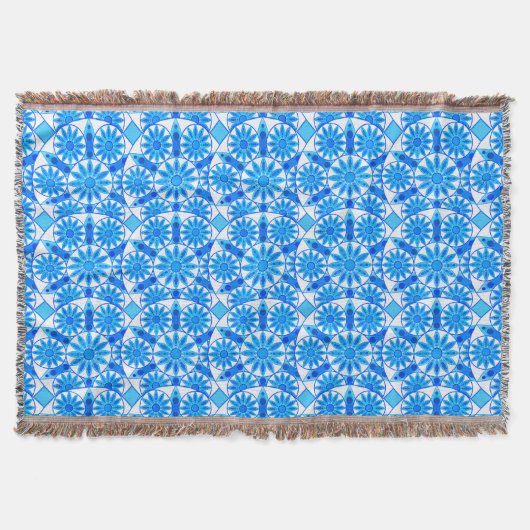 Mandala patroon, kobalt blauw, turquoise en wit deken (Voorkant)