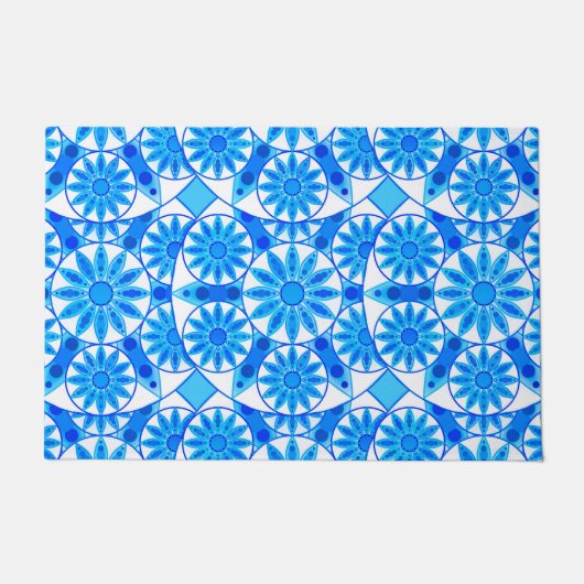 Mandala patroon, kobalt blauw, turquoise en wit deurmat (Voorkant)