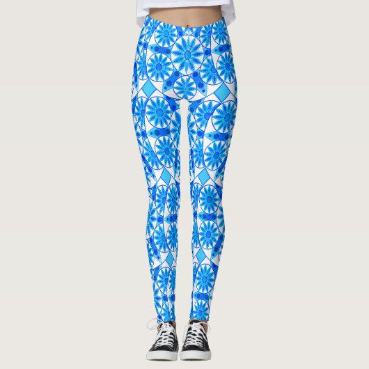 Mandala patroon, kobalt blauw, turquoise en wit leggings (Voorkant)