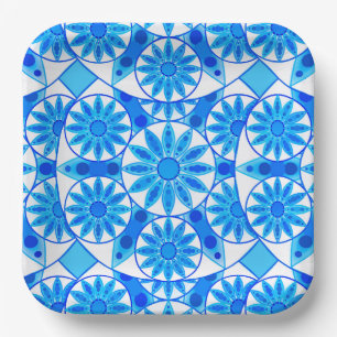 Mandala patroon, kobalt blauw, turquoise en wit papieren bordje