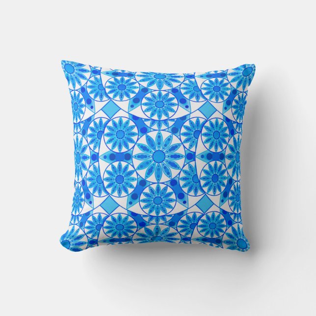 Mandala patroon, kobalt, turquoise en wit kussen (Voorkant)
