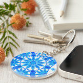 Mandala patroon, kobalt, turquoise en wit sleutelhanger (Voorkant Rechts)