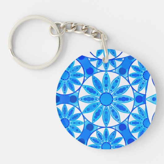 Mandala patroon, kobalt, turquoise en wit sleutelhanger (Voorkant)