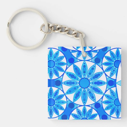 Mandala patroon, kobalt, turquoise en wit sleutelhanger (Voorkant)