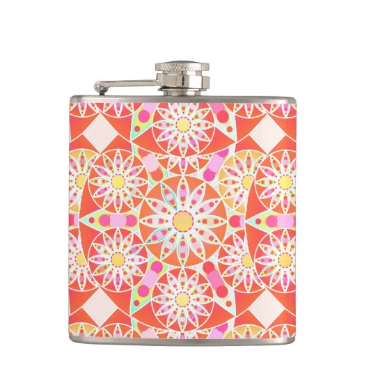 Mandala patroon, koraalrood, roze, goud heupfles (Voorkant)