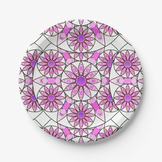 Mandala patroon, lavendel, roze, warm roze, wit papieren bordje (Voorkant)