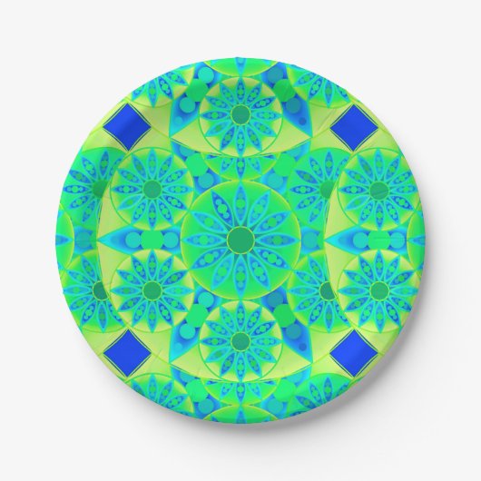 Mandala patroon, turquoise, blauw, kalkgroen papieren bordje (Voorkant)