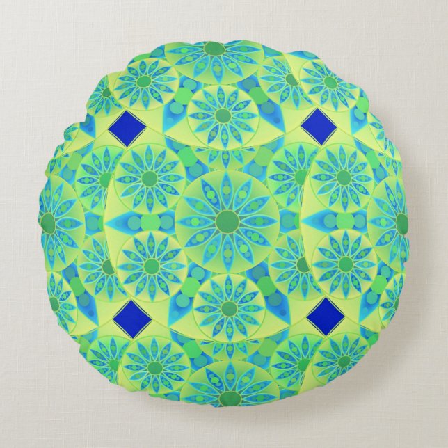 Mandala patroon, turquoise, blauw, kalkgroen rond kussen (Voorkant)