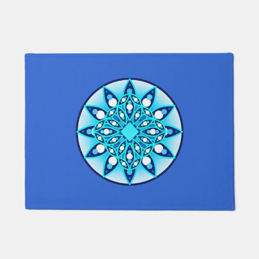 Mandala patroon, turquoise, kobalt blauw en wit deurmat (Voorkant)