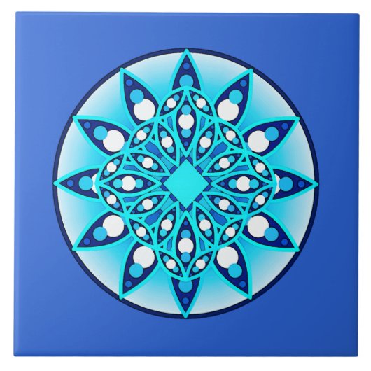 Mandala patroon, turquoise, kobalt blauw en wit tegeltje (Voorkant)
