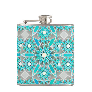 Mandala patroon, turquoise, zilver grijs en wit heupfles