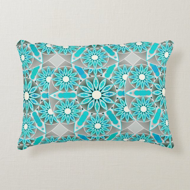 Mandala patroon, turquoise, zilvergrijs en wit accent kussen (Voorkant)