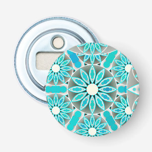 Mandala patroon, turquoise, zilvergrijs en wit button flesopener