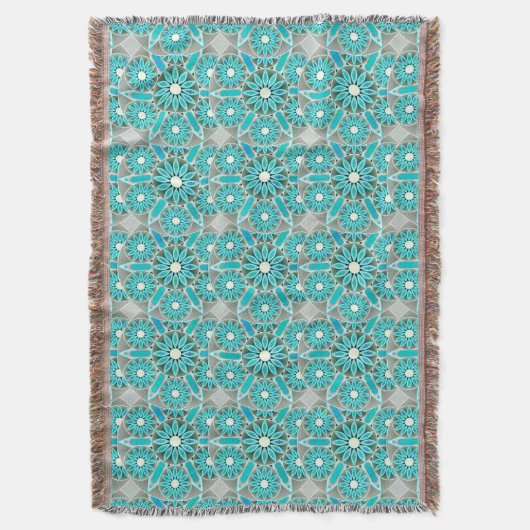 Mandala patroon, turquoise, zilvergrijs en wit deken (Voorkant Verticaal)