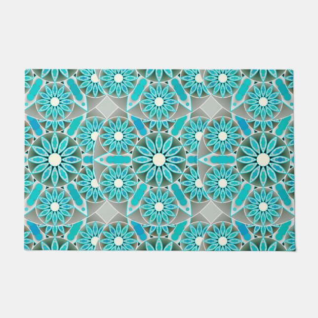 Mandala patroon, turquoise, zilvergrijs en wit deurmat (Voorkant)