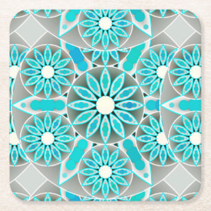 Mandala patroon, turquoise, zilvergrijs en wit kartonnen onderzetters