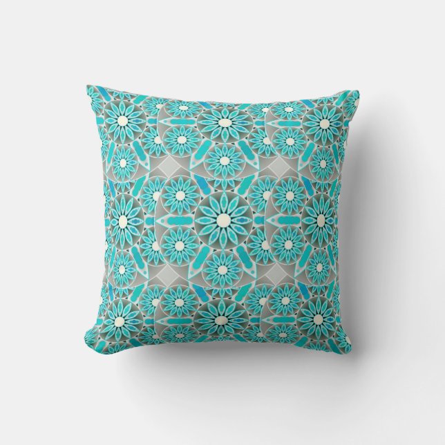Mandala patroon, turquoise, zilvergrijs en wit kussen (Voorkant)
