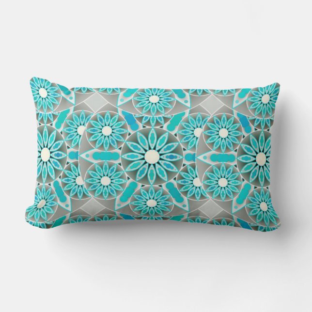 Mandala patroon, turquoise, zilvergrijs en wit kussen (Voorkant)