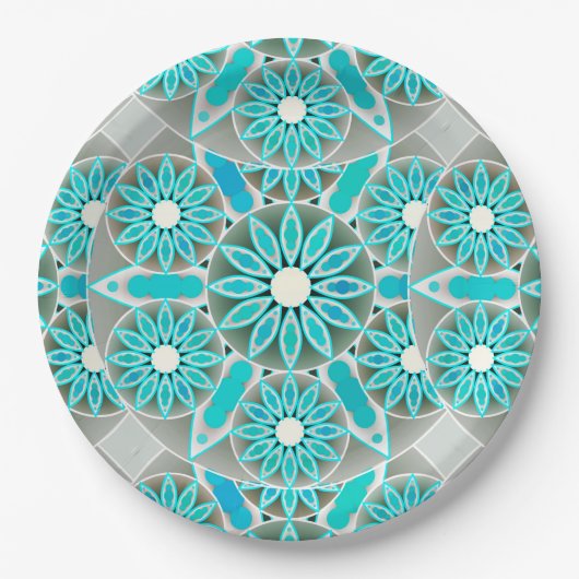 Mandala patroon, turquoise, zilvergrijs en wit papieren bordje (Voorkant)