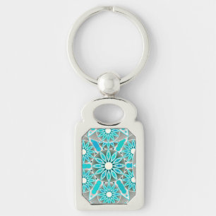 Mandala patroon, turquoise, zilvergrijs en wit sleutelhanger