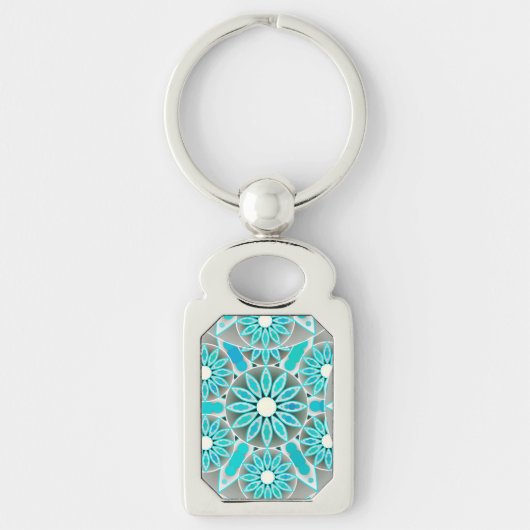 Mandala patroon, turquoise, zilvergrijs en wit sleutelhanger (Voorkant)