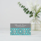 Mandala patroon, turquoise, zilvergrijs en wit visitekaartje (Staand voorkant)