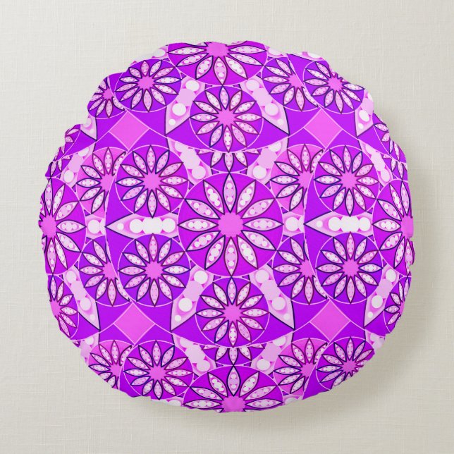 Mandala patroon, violet, orchidee en roze rond kussen (Voorkant)