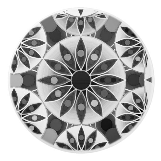 Mandala patroon, zwart, wit en grijs / grijs keramische knop (Voorkant)