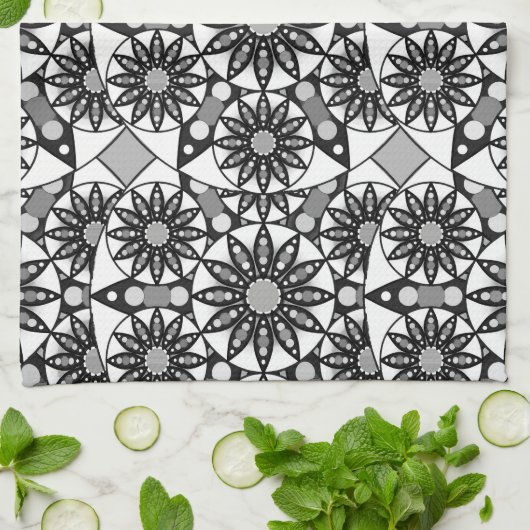 Mandala patroon, zwart, wit en grijs theedoek (Gevouwen)